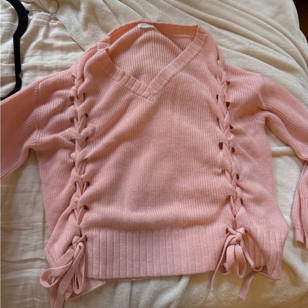 Lovers + Friends Light Pink Darcy Wool Blend Oversized V-Neck Tie Sweater Small